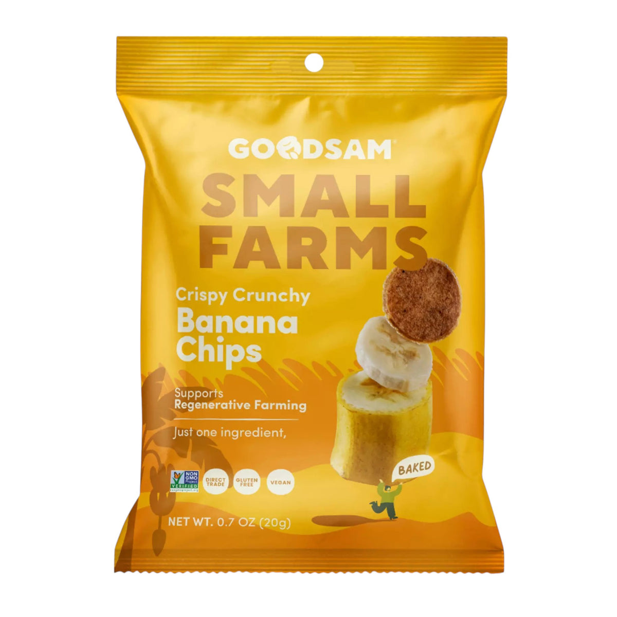 A yellow bag of GOODSAM FOODS GOODSAM - BANANA CHIPS stands upright on a light surface beside a bowl of banana chips, with a “NEW” label in the top left highlighting women-led innovation for healthy snacks.