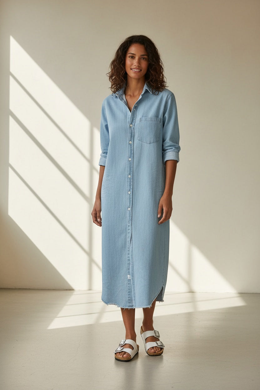The FRANK &amp; EILEEN RORY Maxi Shirtdress in Famous Denim is shown flat against a light textured background, featuring a full-length button-up design with collar, rolled long sleeves, and a chest pocket for effortless California chic.