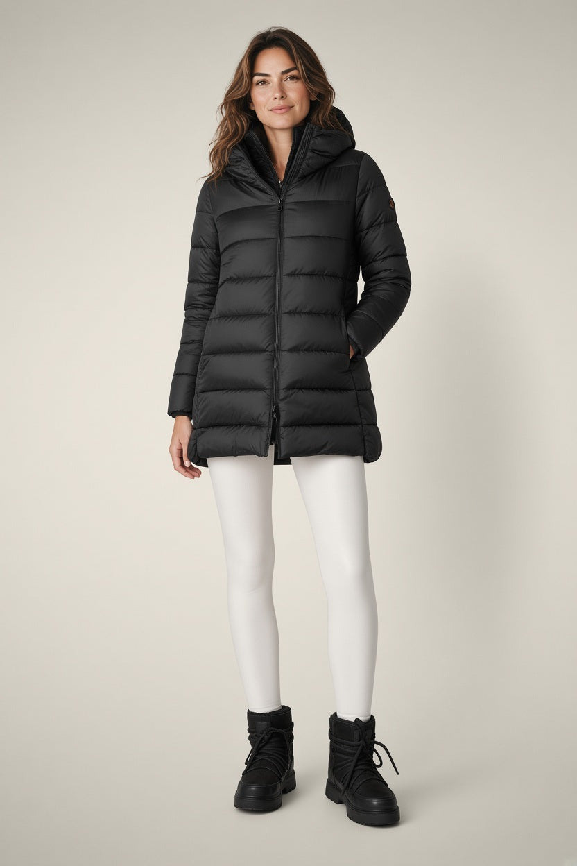 SAVE THE DUCK - MATILDA PUFFER COAT: Long black women’s puffer with horizontal quilting, front zipper, hood, and eco-friendly Plumtech padding. Shown on a plain light background.