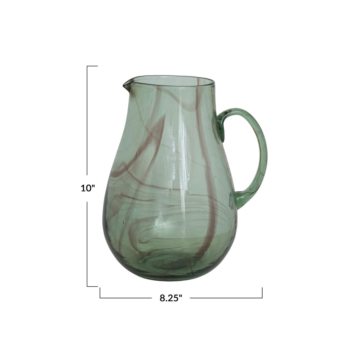 The CREATIVE COOP MARBLED GREEN AND PURPLE HAND-BLOWN RECYCLED GLASS PITCHER, featuring a curved handle and unique swirled patterns, is showcased against a plain white background.