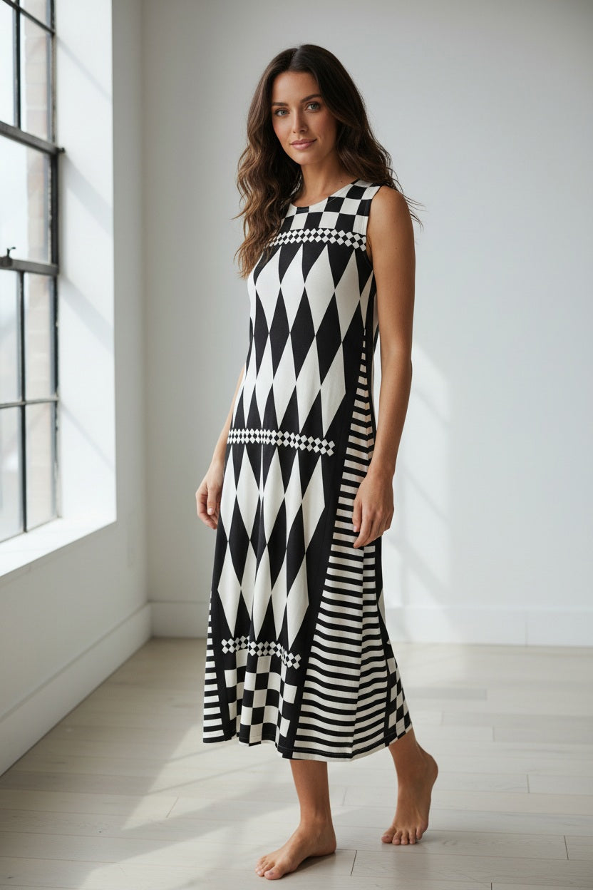 A person stands sideways against a white textured background wearing the IN BED WITH YOU - LONG KNIT DRESS by IN BED WITH YOU/CLAUDIOLAI SRL, a sleeveless Italian design featuring bold diamond and stripe patterns with vibrant prints.