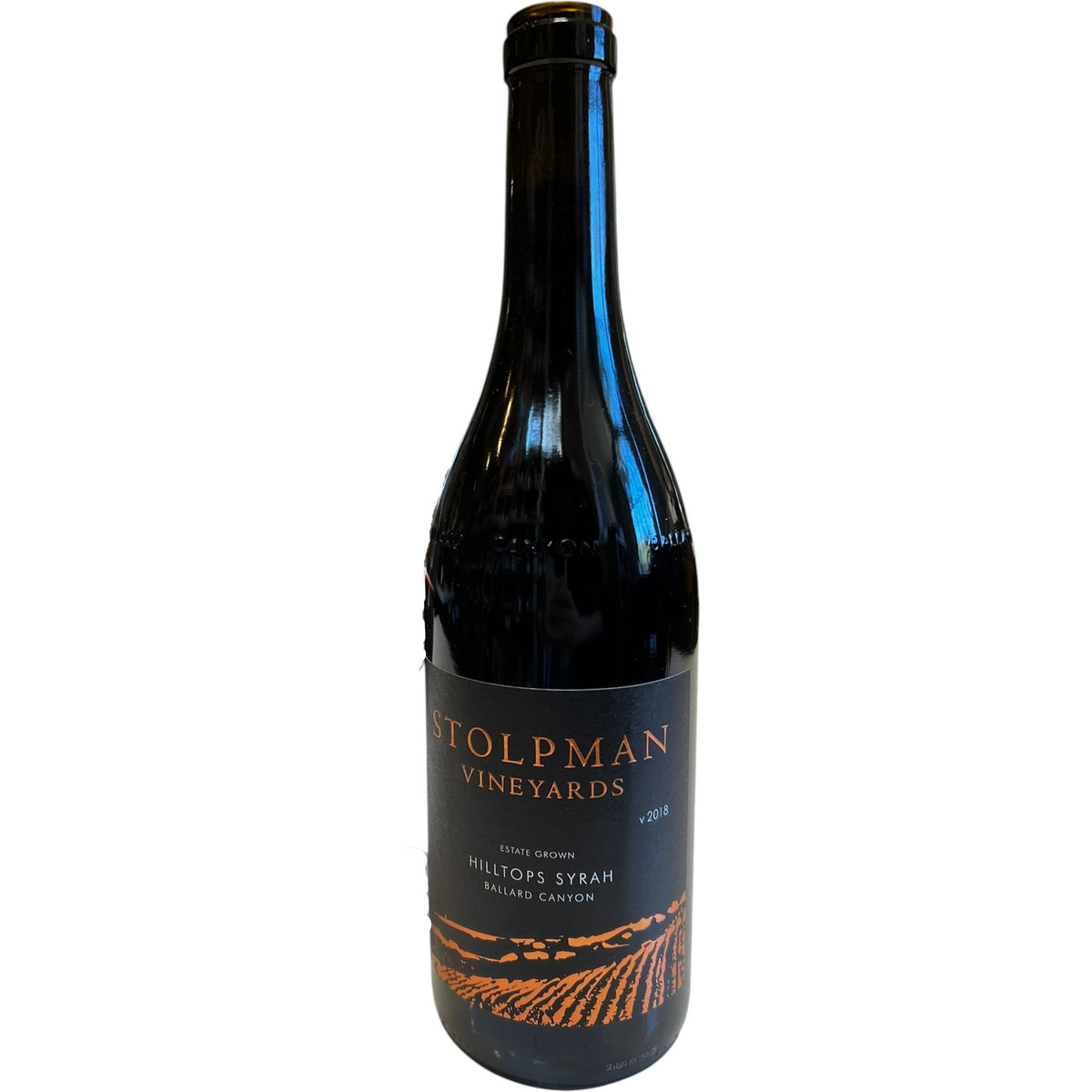 A bottle of STOLPMAN ‘HILLTOPS’ SYRAH 2018 from WINE: WINEBOW, adorned with a black label featuring vineyard graphics and orange text, exemplifies the elegance of California Syrah.