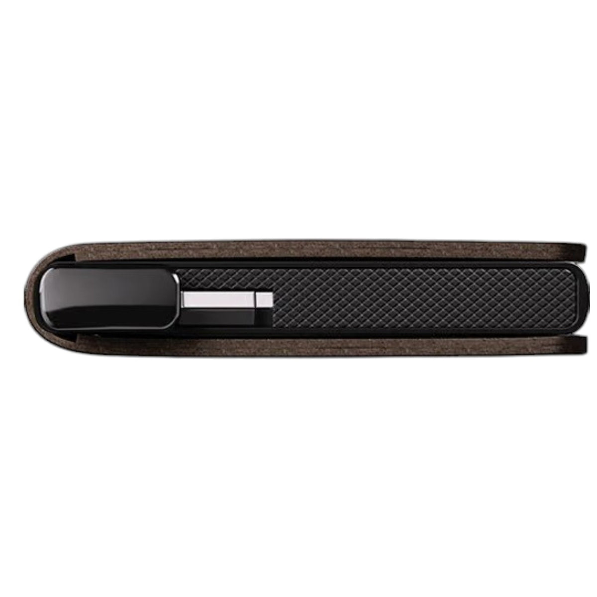 Introducing the SECRID - PREMIUM SLIMWALLET+ DUSK IN DARK BROWN: a stylish wallet by SECRID, crafted from smooth, vegetable-tanned leather in dark brown. It features a sleek black metal side and a convenient lever at the bottom corner for effortless card release. For enhanced security, this premium Slimwallet offers RFID protection to keep your cards safe.