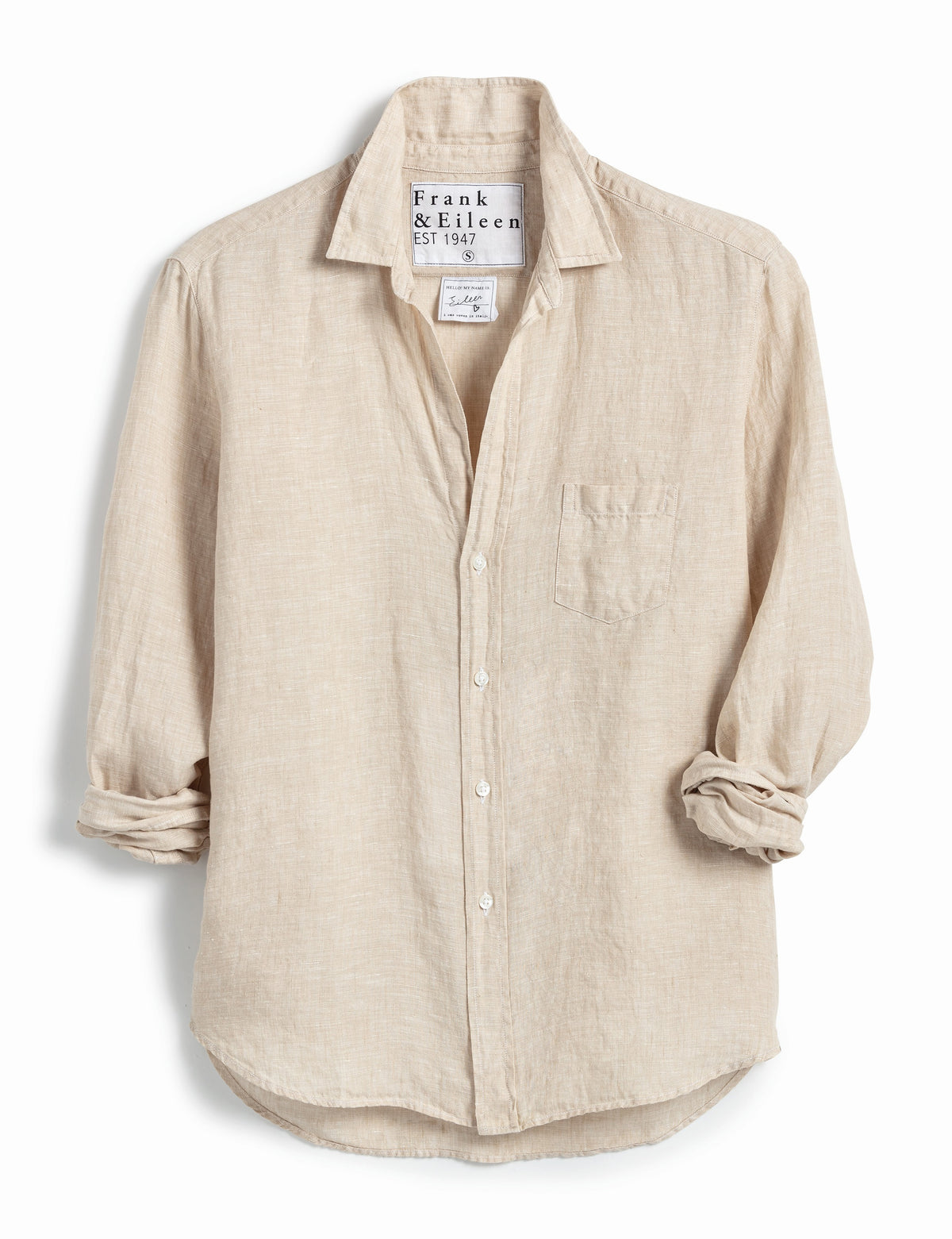 The FRANK &amp; EILEEN Eileen Relaxed Button Up in Ashed Linen Sand features rolled-up sleeves, a relaxed fit, single chest pocket, and visible label inside the collar against a white background.