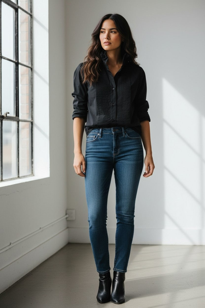 A blonde older woman wears the KMJ - SOUTHERN LOVER TUX blouse by KMJ and blue demi-boyfriend jeans with a turquoise necklace, looking down and tucking her hand in her waistband, set against a plain white background.