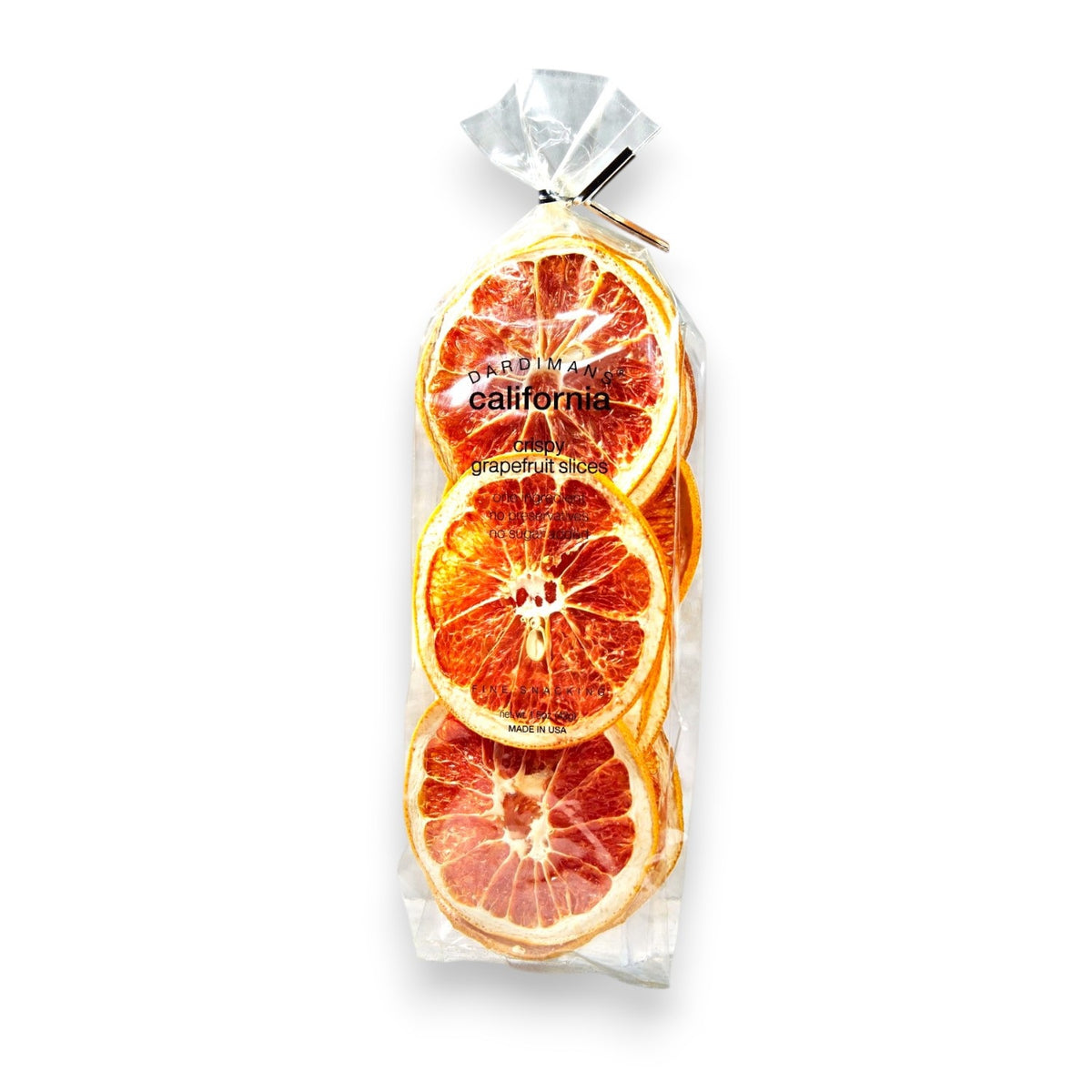 A clear bag containing dried grapefruit slices, labeled “DARDIMANS - GRAPEFRUIT SLICES” from DARDIMANS CALIFORNIA CRISPS. Perfect for those seeking vegan snacks, the bag is sealed with a silver twist tie and displays five visible slices.