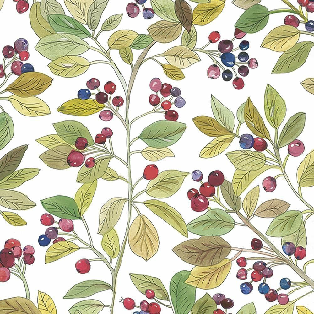 The PAPER PRODUCT DESIGN - LUANA BEVERAGE NAPKIN by PAPER PRODUCTS DESIGN features a vibrant watercolor botanical pattern with leafy branches and red, purple, and blue berries—perfect for adding elegance to 3-ply beverage napkins.