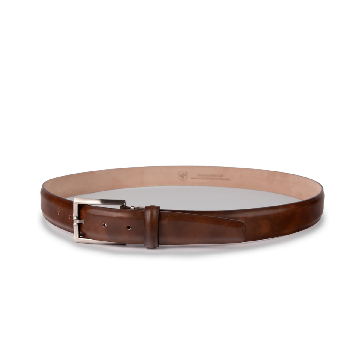 The LEN LIFESTYLE Italian Marbled Calf Belt in Pecan features genuine leather with a silver buckle, displayed in a circular shape on a white background for a classic vintage look.