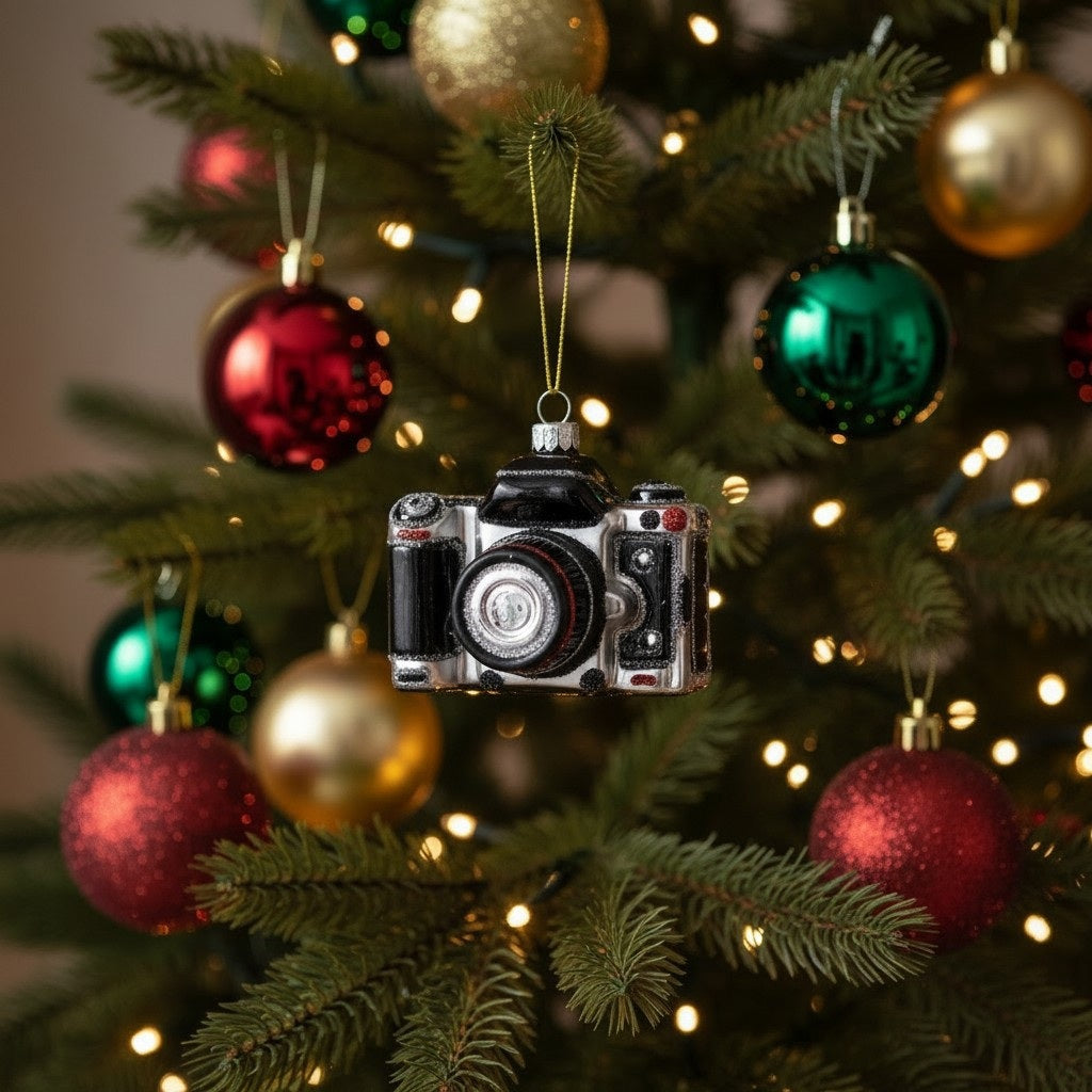 A black and silver GLASS CAMERA ORNAMENT by CODY FOSTER measuring 2.5 x 2 x 2.5 inches, hanging from a gold string.