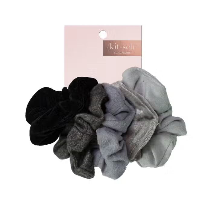 A set of five velvet hair scrunchies in stylish black and gray shades, displayed on a card labeled "KITSCH - VELVET SCRUNCHIES" by KITSCH.