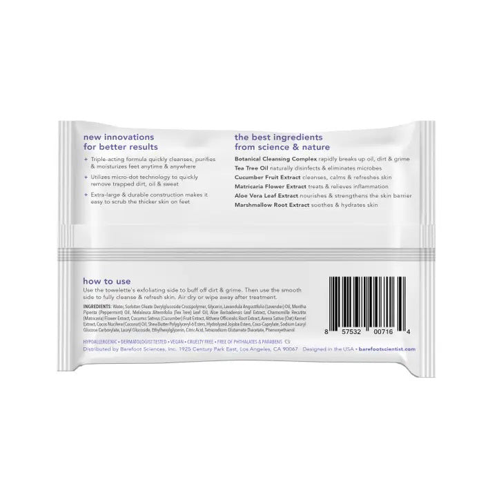 A package of BAREFOOT SCIENTIST - CLEAN SLATE FOOT TOWELETTES, featuring 25 textured wipes for deep cleansing and purifying.