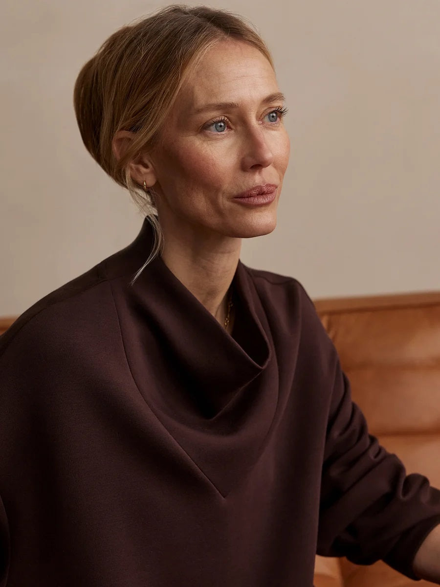 VARLEY - BETSY SWEATSHIRT IN COFFEE BEAN in dark brown DoubleSoft fabric, featuring a long-sleeved silhouette with a high cowl neckline and a drawstring hem.