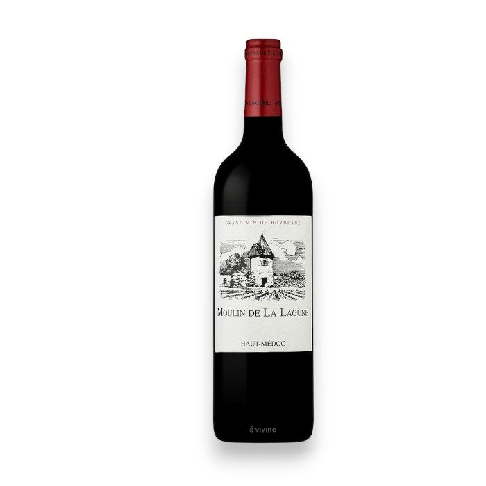 A bottle of CHÁTEAU LA LAGUNE 'MOULIN DE LA LAGUNE' 2016 is adorned with a red foil top and features a label with a windmill, vineyard, "Grand Vin de Bordeaux," and "Haut-Médoc." This WINE: AMERICAN PREMIUM BEVERAGE blend highlights rich Cabernet Sauvignon.