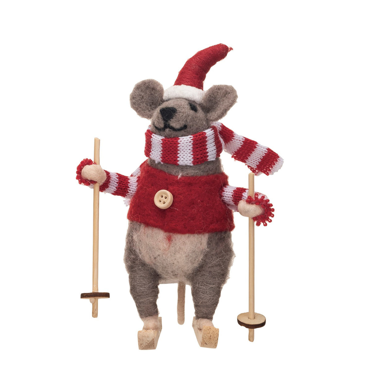 The CREATIVE COOP FELT MOUSE SKIING ORNAMENT features a handmade mouse in a red sweater and Santa hat, holding wooden ski poles and standing on skis—a charming holiday décor accent.