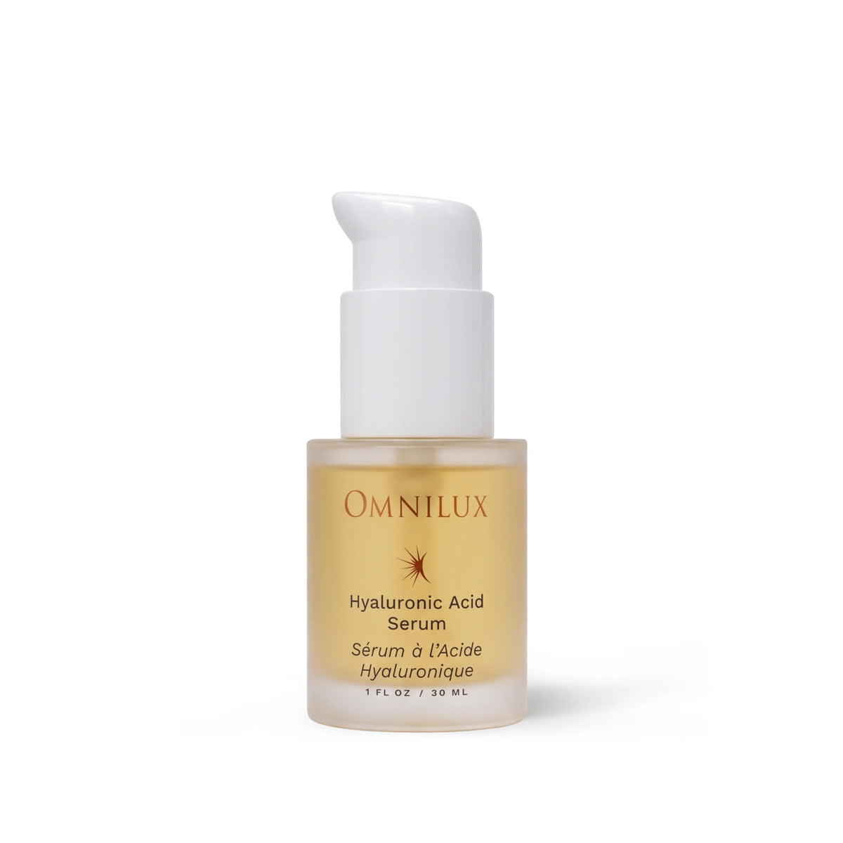 A skincare graphic featuring the OMNILUX - HYALURONIC ACID SERUM, 30ML by OMNILUX spotlights hyaluronic acid for deep hydration, niacinamide to refine skin texture, and licorice root for soothing benefits. The clear gel serum is highlighted with bubbles in the background—ideal for pairing your hyaluronic acid routine with advanced treatments like LED light therapy to achieve radiant results.
