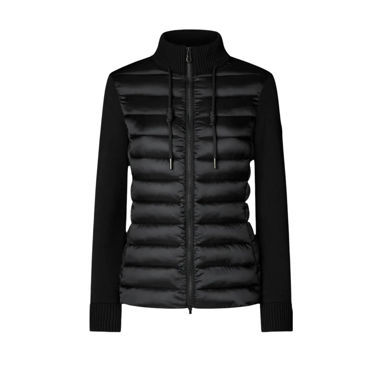 A woman with straight brown hair and a neutral expression models the SAVE THE DUCK - ZILIA JACKET in light gray, styled with olive cargo pants, red socks, and tan boots—showcasing effortless transitional layering.