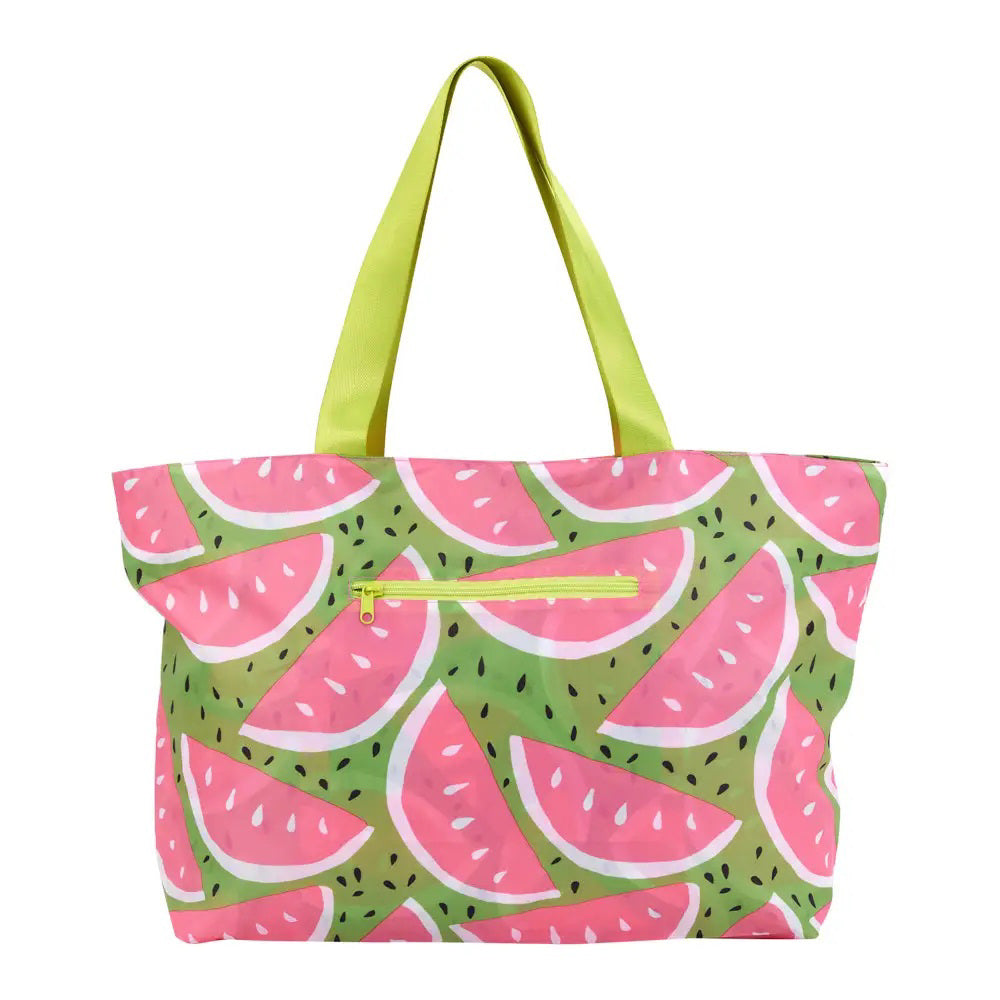 The ROCKFLOWERPAPER Watermelon Splash Proof Beach Bag, featuring green handles, a vibrant watermelon slice design on a green background, and a front zip pocket, is perfect for keeping essentials dry on your next beach outing.