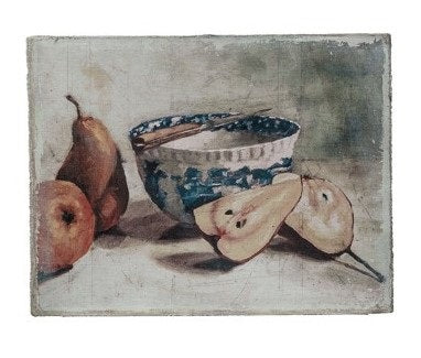 CREATIVE COOP’s CANVAS STILL LIFE WITH FRUIT OR VEGETABLES set features three small prints: a bowl with fruit, jars with apples, and leafy vegetables—perfect neutral-background wall art for your kitchen.