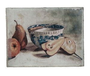 CREATIVE COOP’s CANVAS STILL LIFE WITH FRUIT OR VEGETABLES set features three small prints: a bowl with fruit, jars with apples, and leafy vegetables—perfect neutral-background wall art for your kitchen.