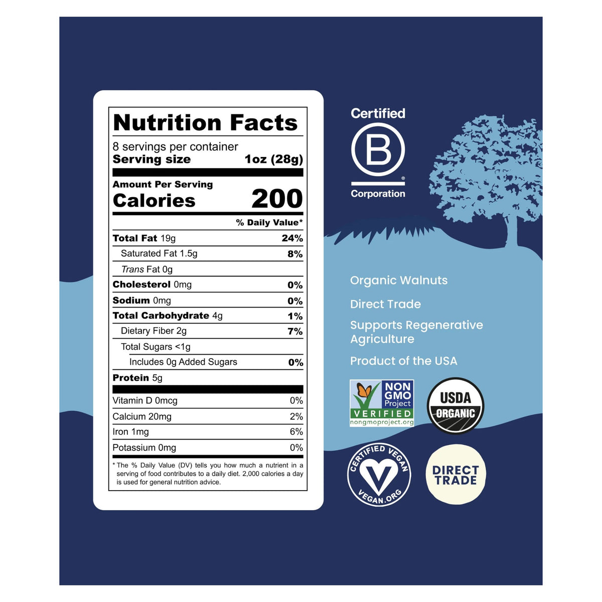 A blue package of GOODSAM FOODS&#39; ORGANIC WALNUTS, RAW features images of a farmer, tractor, walnut pieces, and text supporting small farms and regenerative agriculture in northern California.