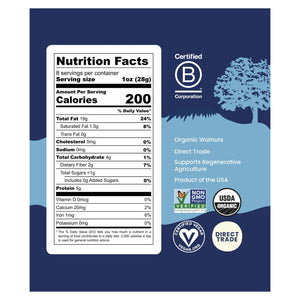 A blue package of GOODSAM FOODS' ORGANIC WALNUTS, RAW features images of a farmer, tractor, walnut pieces, and text supporting small farms and regenerative agriculture in northern California.