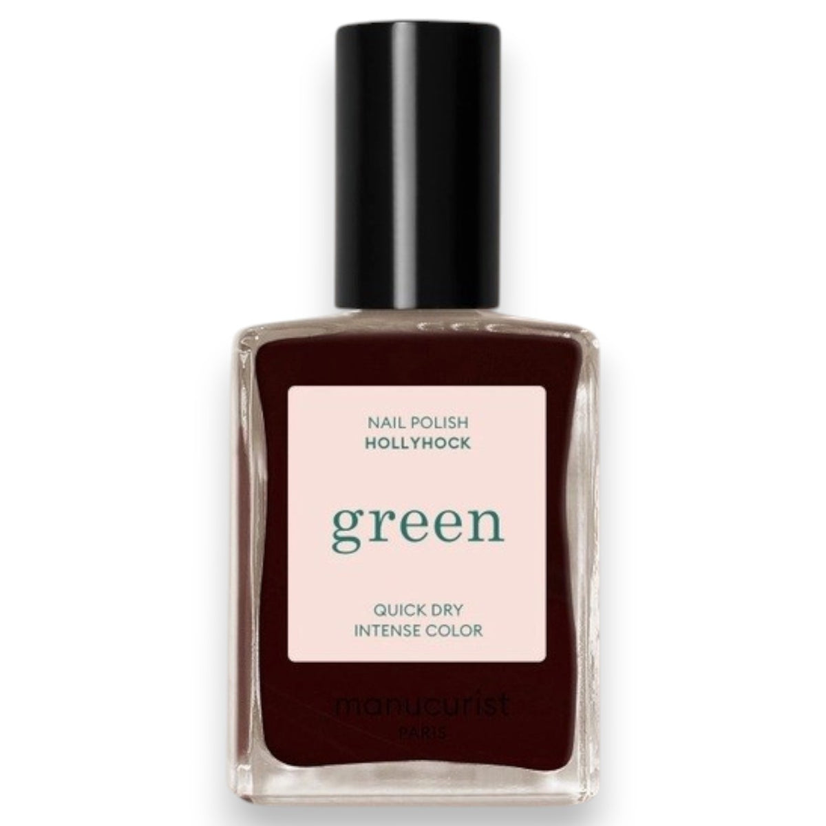 A bottle of MANUCURIST INC GREEN™ Nail Polish in the shade Hollyhock, featuring a dark burgundy color and a black cap.