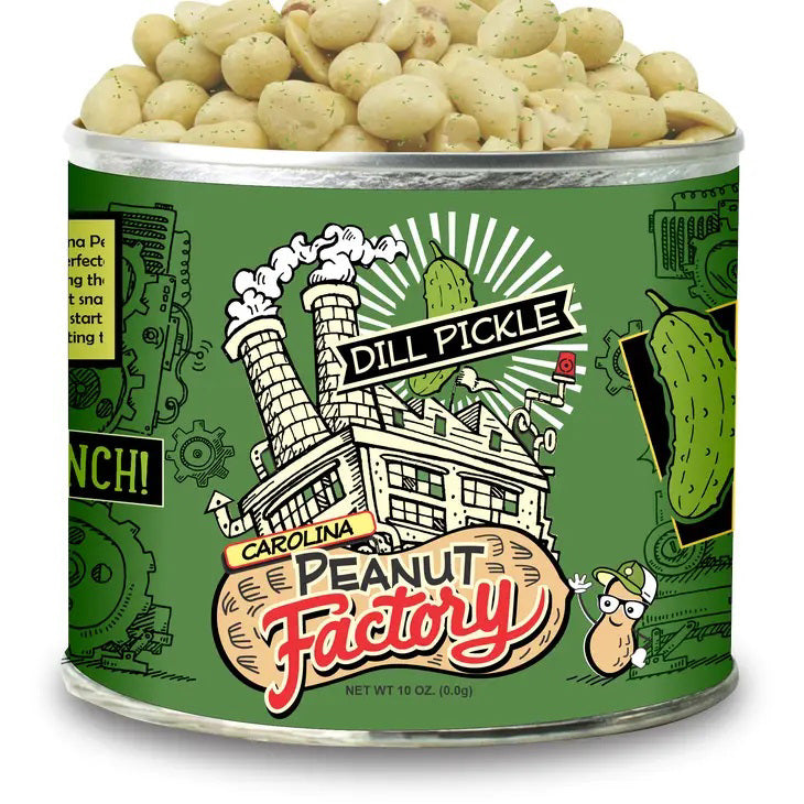 A 10 oz. can of 1949 NUT COMPANY - DILL PICKLE PEANUTS from the 1949 NUT COMPANY. The green label showcases illustrations of a factory, a dill pickle, and a peanut character. The open can highlights these uniquely seasoned dill pickle snacks on top.