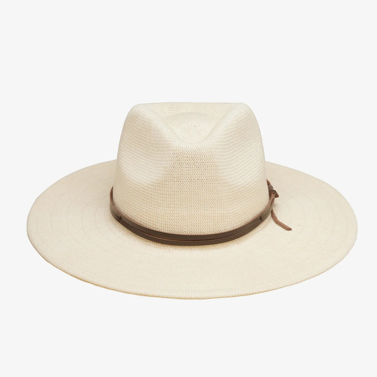 The WYETH Hats Hudson Mesh Panama Hat in Ivory features a packable design, wide brim, brown leather band with a simple knot, adjustable fit, and is shown against a white background.