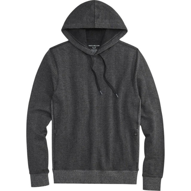 A person is shown from the back wearing the MACK WELDON - ACE HOODIE IN SHADOW HEATHER HERRINGBONE and gray pants, standing against a plain light gray background.
