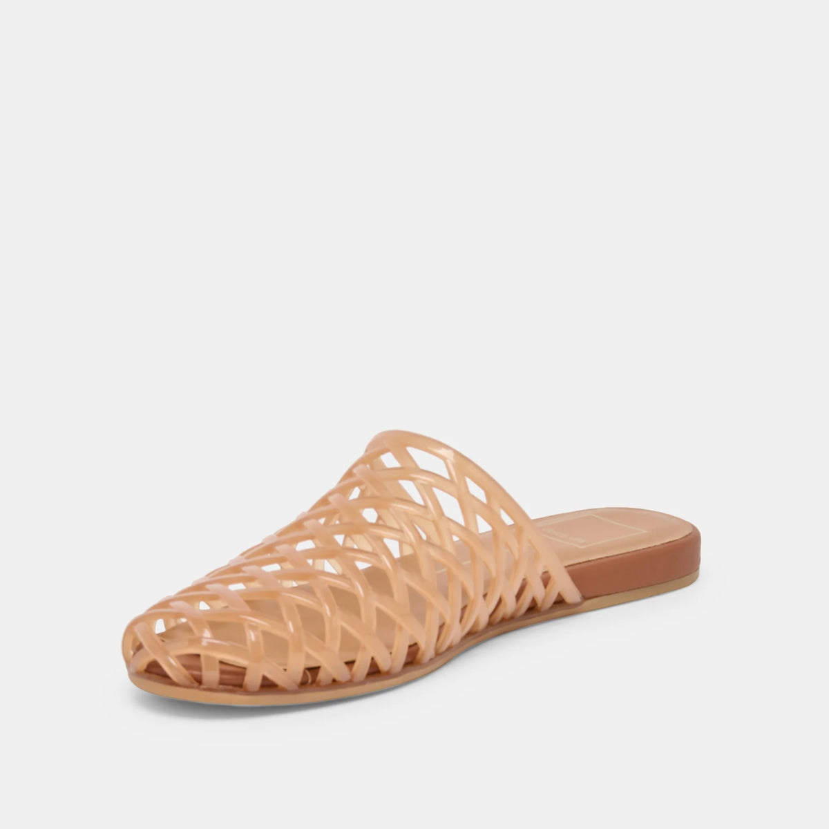 DOLCE VITA - GINNA JELLY FLATS IN WHISKEY featuring a tan jelly flat with a woven, crisscross cage design in a versatile slip-on sandal style.