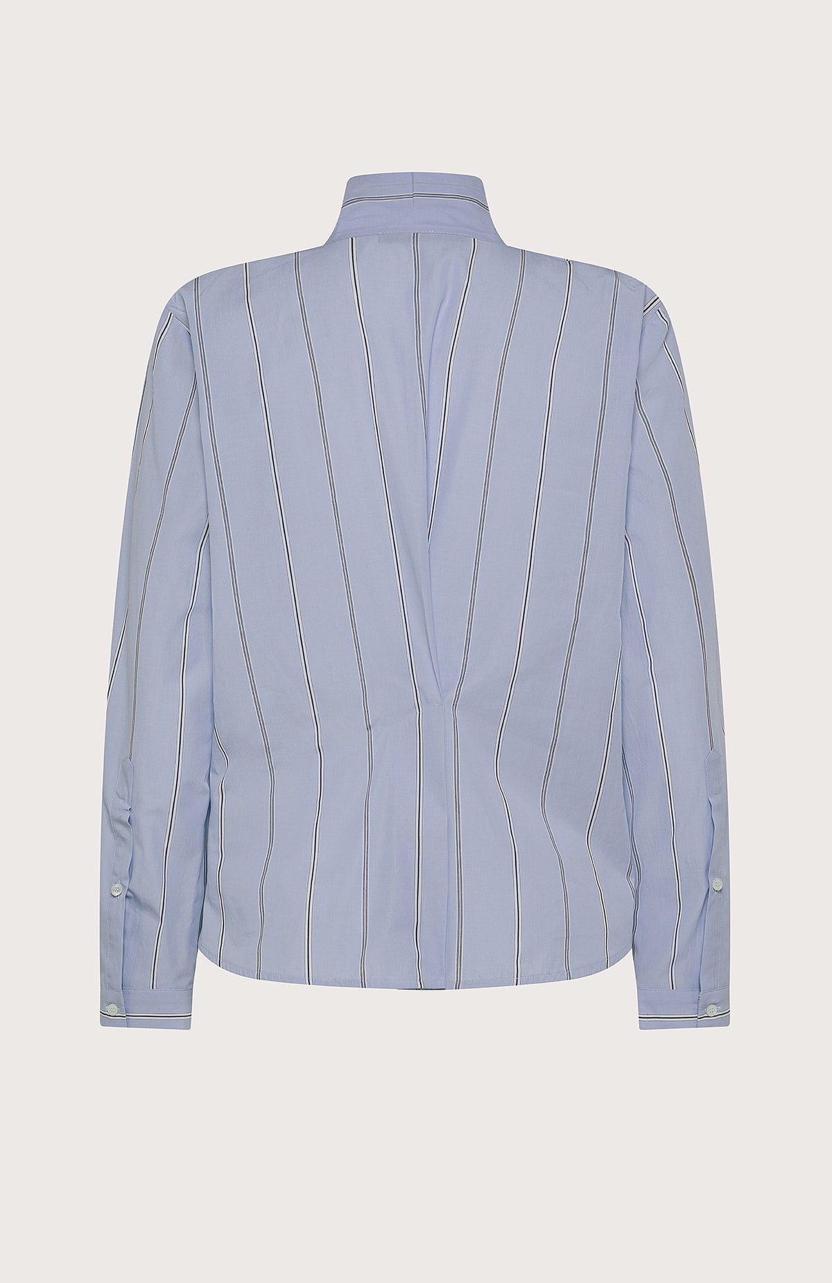 The SEVENTY VENEZIA - BLUE STRIPE SHIRT by SEVENTY features thin white vertical stripes, a chic bow tie collar, and an elegant high neck.