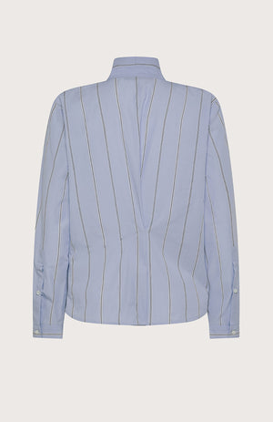 The SEVENTY VENEZIA - BLUE STRIPE SHIRT by SEVENTY features thin white vertical stripes, a chic bow tie collar, and an elegant high neck.