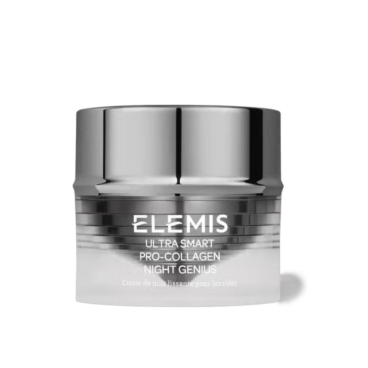 A silver jar of ELEMIS - ULTRA SMART PRO-COLLAGEN NIGHT GENIUS cream, an anti-wrinkle moisturizer brimming with antioxidants, features a metallic lid and the product name on the front. Ideal for overnight recovery, it is set against a white background.