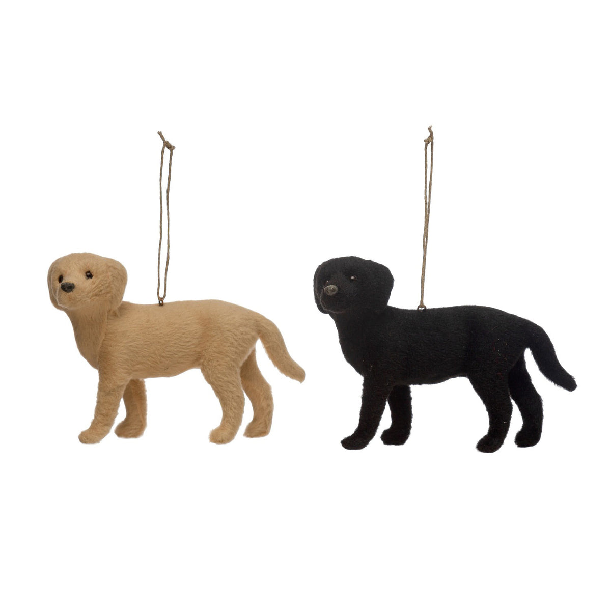 The CREATIVE COOP LABRADOR ORNAMENT set features two dog-shaped ornaments, one tan and one black, each standing on all fours with a hanging string—perfect for adding playful charm to your decor.