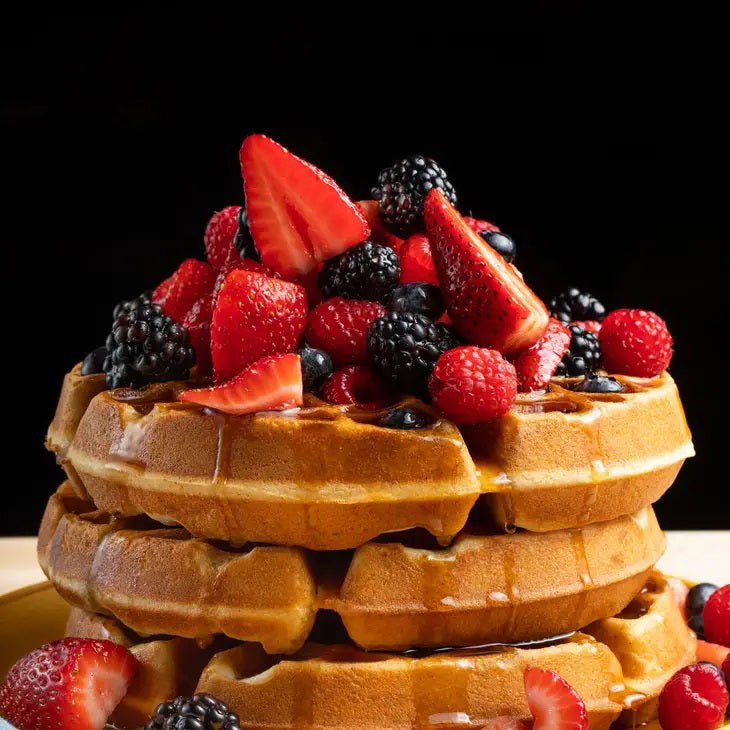 A yellow resealable 907g (32oz) pouch of CUP4CUP Gluten Free Pancake &amp; Waffle Mix features white and blue text, "Gluten Free" label, and is ideal for making pancakes or gluten-free waffles.