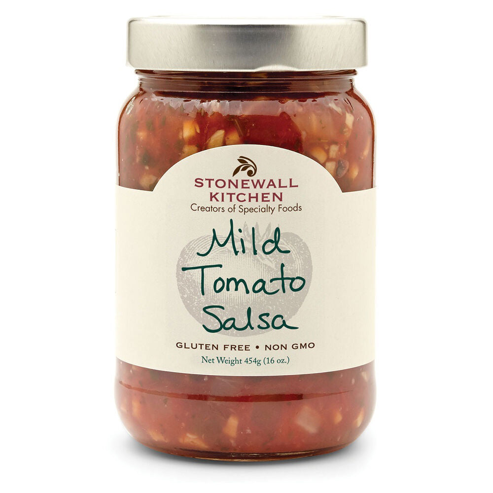 A jar of STONEWALL KITCHEN - MILD TOMATO SALSA promises authentic Mexican flavors. The label indicates that it is gluten-free, non-GMO, and has a net weight of 16 oz (454g). The salsa is visible through the clear glass jar and contains a mix of chopped tomatoes and other ingredients.