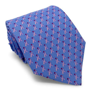 The BIRD DOG BAY - CARE FOR A CURE™ Silk Tie in Light Blue features a rolled-up silk design with a repeating pink ribbon pattern supporting breast cancer, by BIRD DOG BAY.