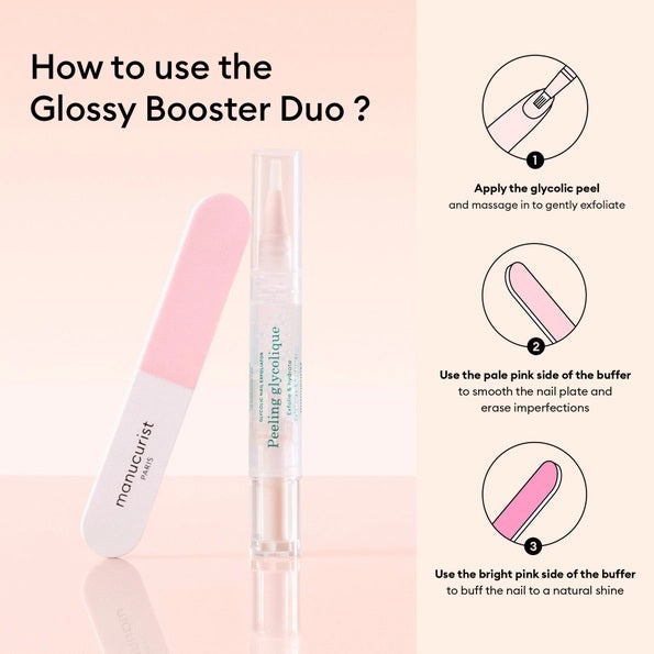 Two close-up images of a fingernail labeled “Before” and “After” show noticeably increased shine—perfect for achieving glossy nails with the MANUCURIST - GLOSSY BOOSTER DUO by MANUCURIST INC. The text reads “+116% instant shine*,” referencing an instrumental test conducted on 28 subjects. Inspired by the Japanese manicure technique, this nail exfoliator transforms dull nails into brilliantly radiant ones.