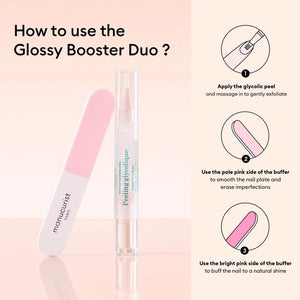Two close-up images of a fingernail labeled “Before” and “After” show noticeably increased shine—perfect for achieving glossy nails with the MANUCURIST - GLOSSY BOOSTER DUO by MANUCURIST INC. The text reads “+116% instant shine*,” referencing an instrumental test conducted on 28 subjects. Inspired by the Japanese manicure technique, this nail exfoliator transforms dull nails into brilliantly radiant ones.