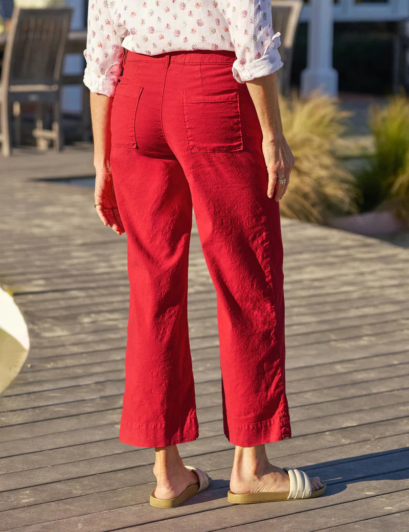 The FRANK &amp; EILEEN Wexford Wide Leg Linen Pant in Double Decker Red features a bright red hue, wide-leg fit, and button-zipper closure, shown flat on a white background.