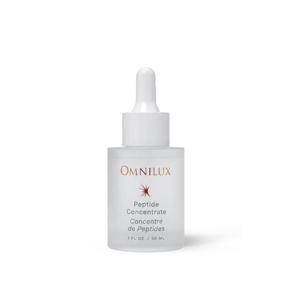 A frosted glass dropper bottle labeled “OMNILUX – PEPTIDE CONCENTRATE” features silver text and an orange starburst logo, containing 30 mL (1 fl oz) of skincare formula from OMNILUX enriched with powerful ingredients such as Argireline and Matrixyl.