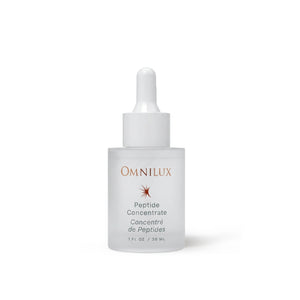 A frosted glass dropper bottle labeled “OMNILUX – PEPTIDE CONCENTRATE” features silver text and an orange starburst logo, containing 30 mL (1 fl oz) of skincare formula from OMNILUX enriched with powerful ingredients such as Argireline and Matrixyl.