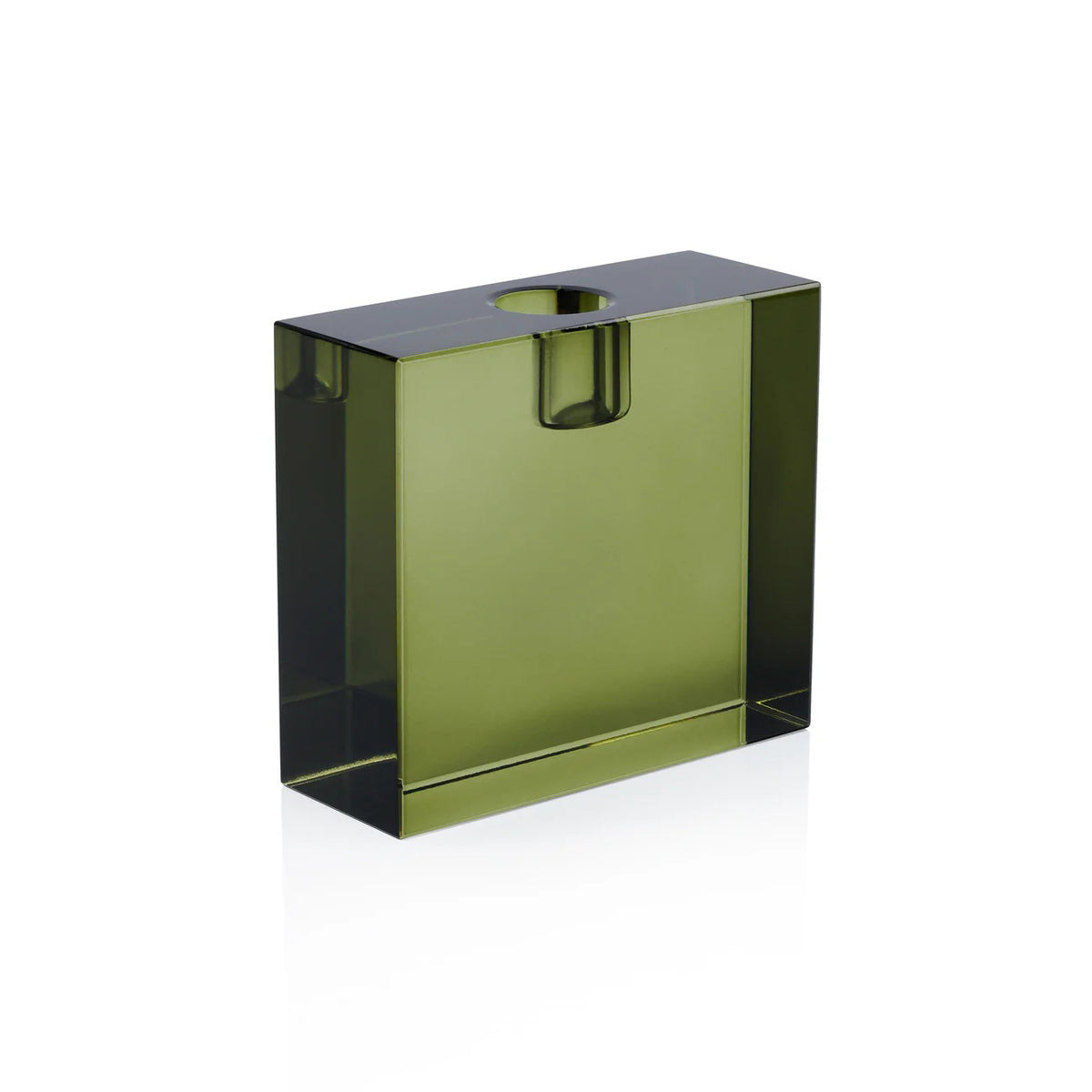 The ZODAX RECTANGULAR CRYSTAL GLASS TAPER HOLDER IN GREEN features a glossy olive finish, small circular opening at the top, and measures 10.8 x 3.81 x 10.16 cm, shown on a white background.