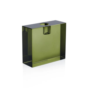 The ZODAX RECTANGULAR CRYSTAL GLASS TAPER HOLDER IN GREEN features a glossy olive finish, small circular opening at the top, and measures 10.8 x 3.81 x 10.16 cm, shown on a white background.