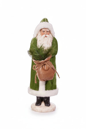 The RAZ IMPORTS OLD WORLD GREEN VELVET SANTA 17.25" features Santa in a green coat and hat with white trim, holding a burlap sack of evergreens, standing on a round eco-friendly paper pulp base.
