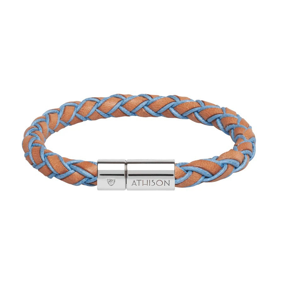 An ATHISON size chart (S-XL) for wrist circumferences features a braided design, ideal for choosing your handcrafted ATHISON - BRAIDED LEATHER AND COTTON BRACELET IN NATURAL AND LIGHT BLUE inspired by Italian craftsmanship.