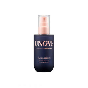 A bottle of UNOVE - SILK OIL HAIR ESSENCE by EXOD INTERNATIONAL, ideal for frizz control, is depicted with oil pouring from the top. Text emphasizes its non-sticky texture and lightweight nourishment, effectively treating rough, dry hair for a silky finish.
