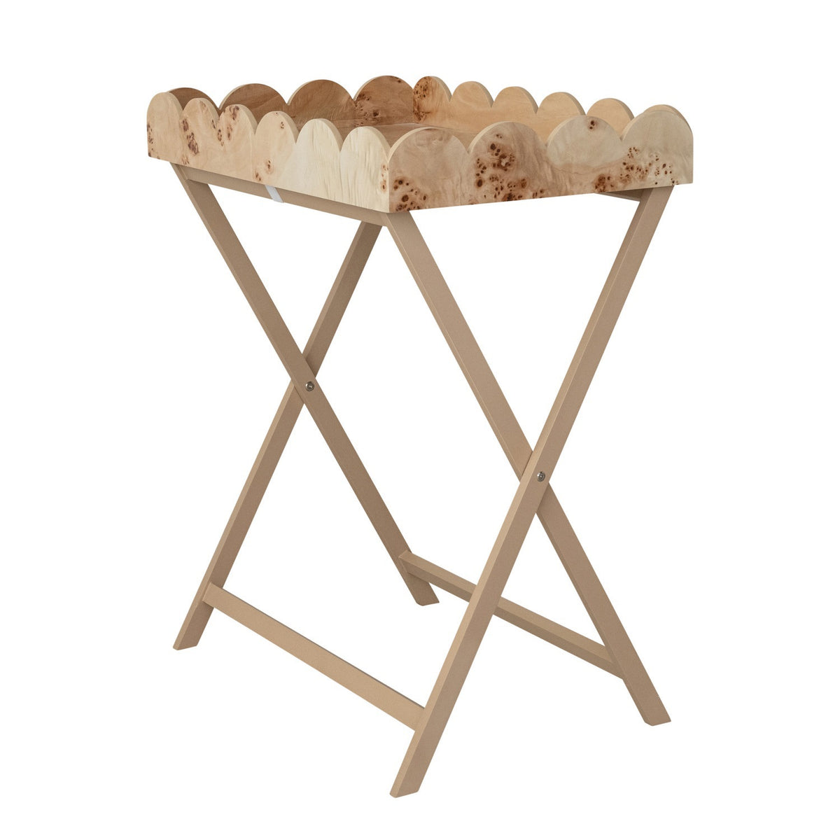 A CREATIVE COOP BURL WOOD VENEER FOLDING TABLE with a removable scalloped tray displays bottles, glasses, and blue-and-white vases with branches on top; the lower shelf holds books, more bottles, and a small bowl. It rests on a light wood floor.