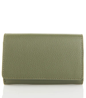 The LE BORSETTE LEATHER WALLET is a small, tan-colored, textured leather accessory featuring a rectangular shape and a fold-over flap design. Crafted in Italy from genuine leather, this wallet exudes simplicity and elegance with no visible branding or patterns, and measures 15cm x 9.5cm against a plain white background.