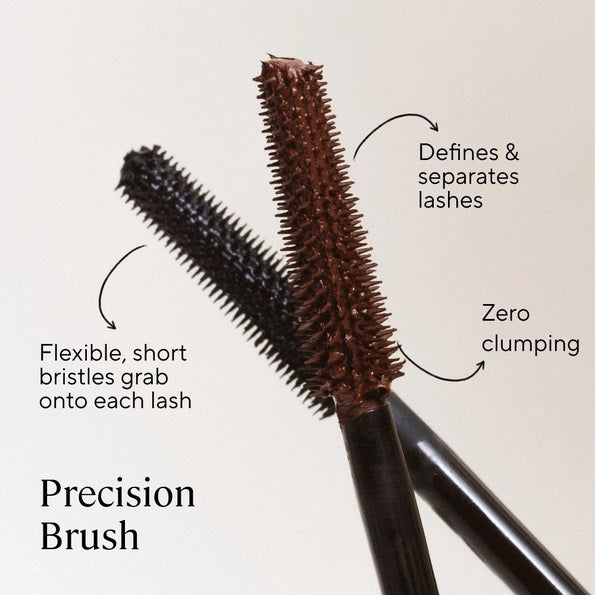 Three close-up shots of a blue eye: lashes with no mascara (before), lashes enhanced with MINORI - MOTHER OF LASHES MASCARA, BROWN by MINORI, and lashes with black mascara, highlighting the color and definition differences.